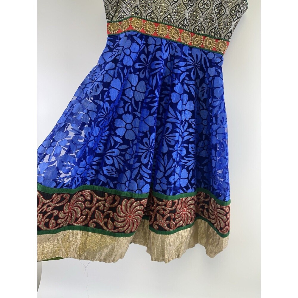 Special Occasion Dress Girls Brocade Blue Floral Beaded Fit Flare 34 Youth Large - Picture 4 of 12